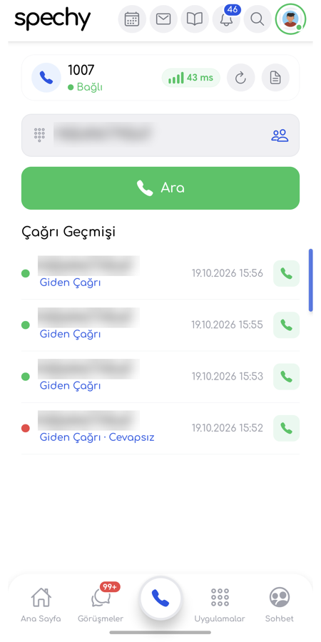 Extension screen and call history in the Spechy mobile app