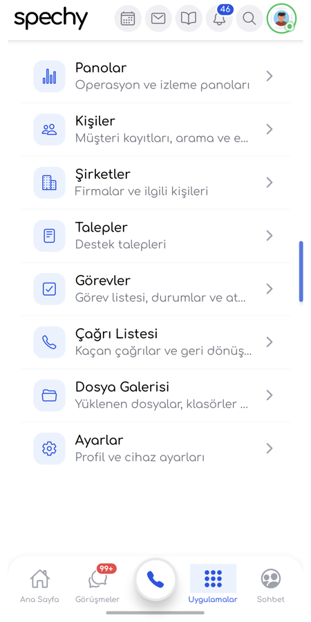 Apps menu in the Spechy mobile app