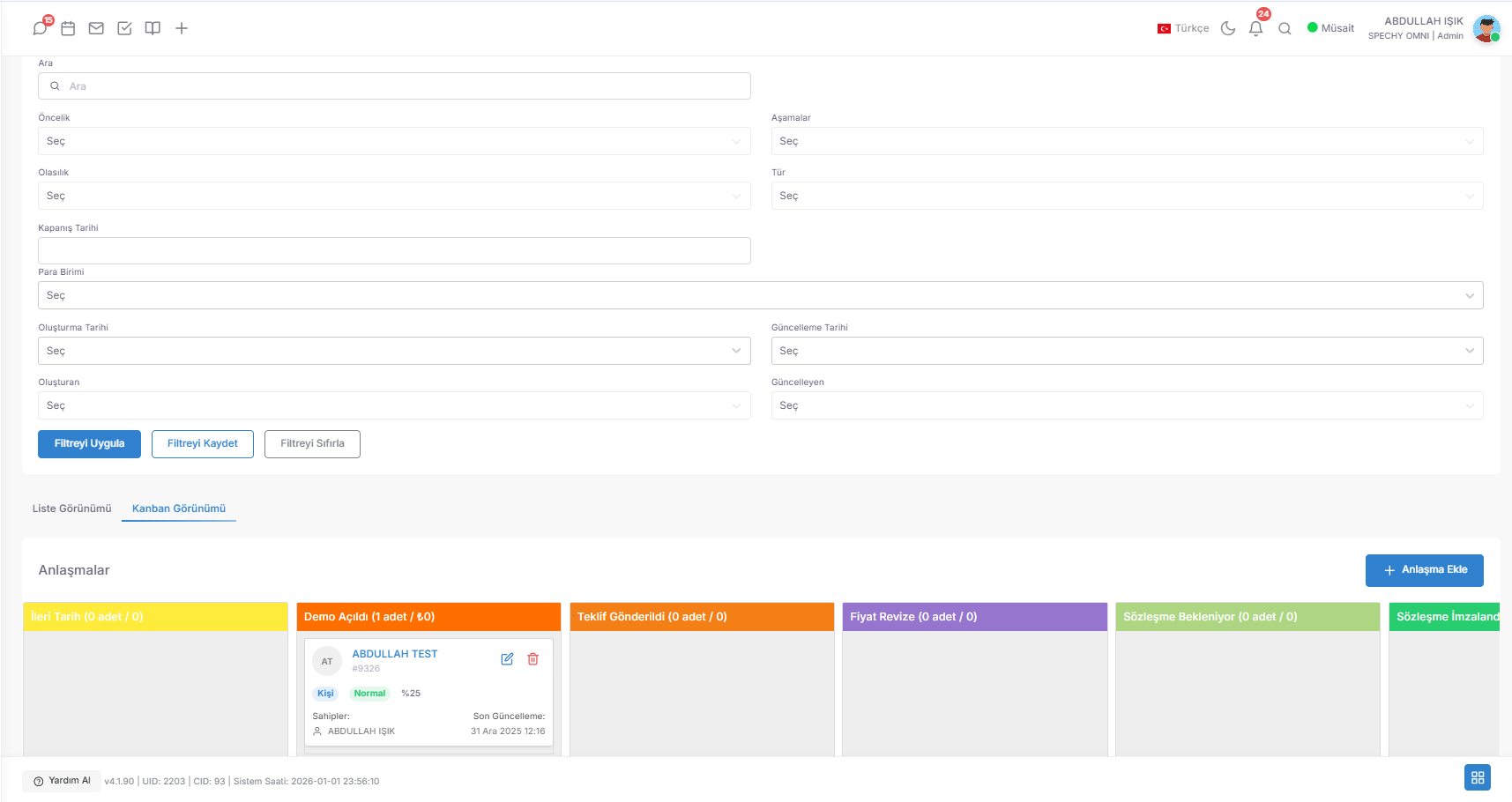 Professional Tip: To speed up your sales process, make **"Kanban View"** your home screen. Moving the card to the next column when the status of an agreement changes provides both psychological motivation and allows your managers to monitor the sales speed ($Sales \ Velocity$) live. screenshot 1