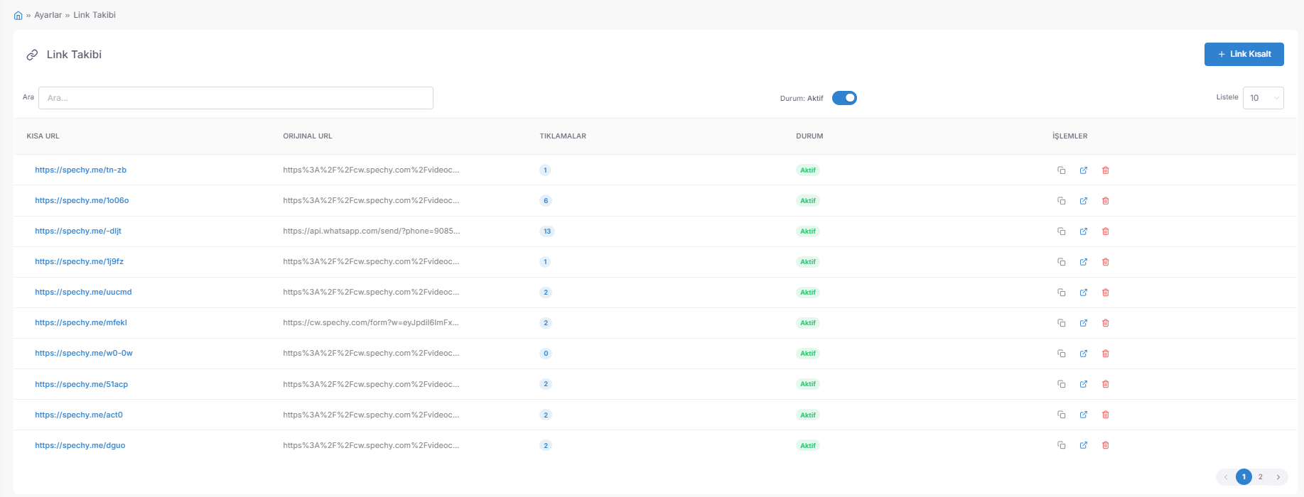Access URL; https://app.spechy.com/link-tracker screenshot 1